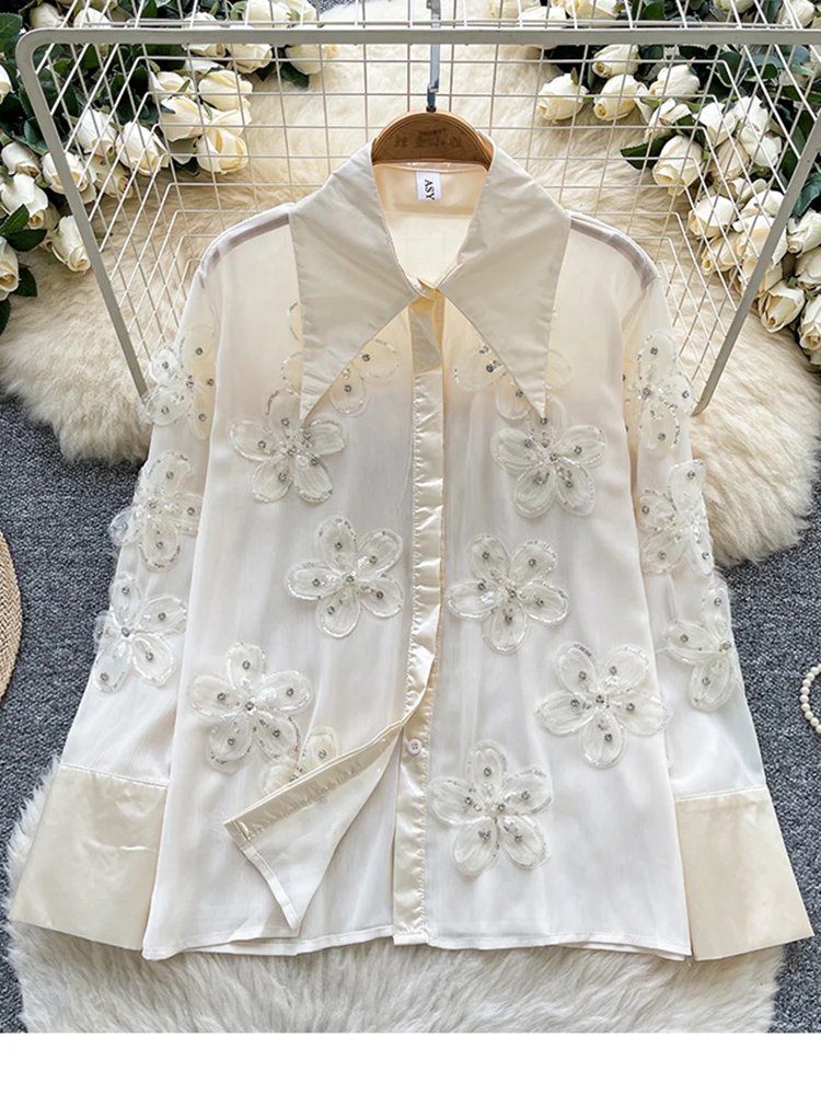 الفرنسية الماس رصع ثلاثي الأبعاد زهرة التلبيب قميص طويل الأكمام للنساء ربيع الخريف تنوعا شيك الاتجاه العلوي C363