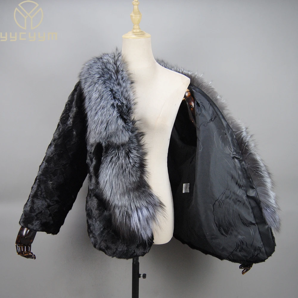 

Fashion Luxury Ladies Autumn Winter Genuine Knitted Mink Fur Jacket Fox Fur Collar Women Fur Pashmina Wraps Bridal Cape Coat