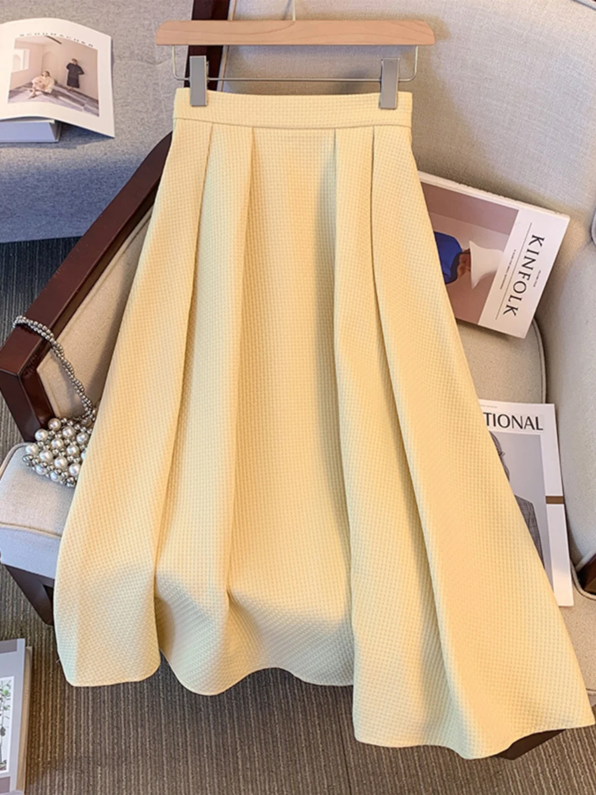 Yellow A-Line Midi Skirt Women's Summer plus Size Conceal Hip High Waist Korean Style Commute Pure Color Half-length Skirt