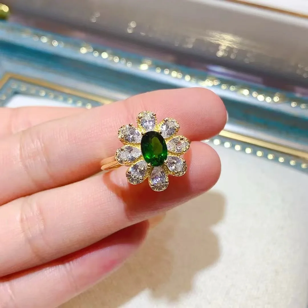 KJJEAXCMY High End Women's Ring Natural Diopside S925 Silver with Electroplating Boasting High Clarity Full Brilliance Gift