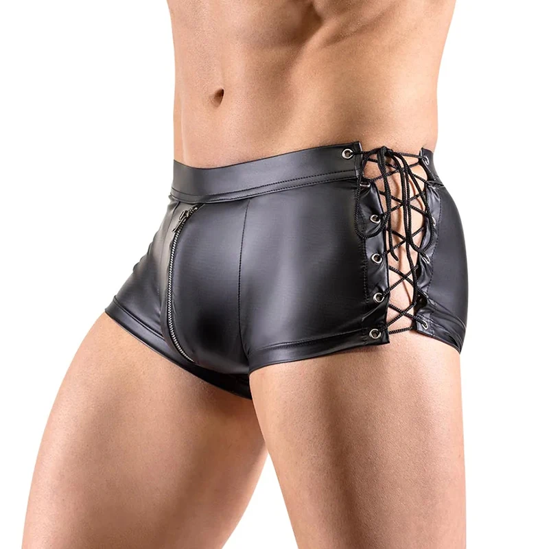 Exotic Pants Male Sexy Lingerie Gay Men Faux Leather Lace Up Exotic Black Men Latex PVC Bondage Open Cortch Shorts Gothic Fetish
