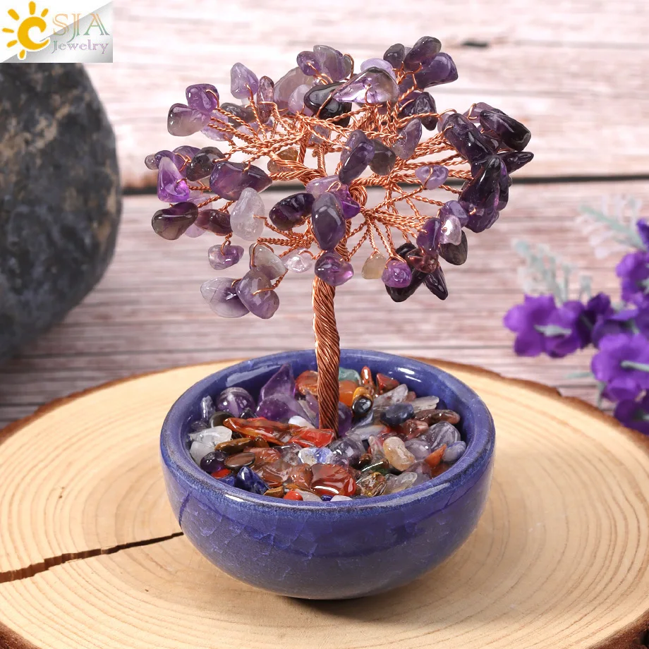 

1PC Handmade Natural Crystal Tree with Cup Reiki Feng Shui Wealth Money Tree Copper Wire Wrapped Ornament for Home Decor H752 ﻿