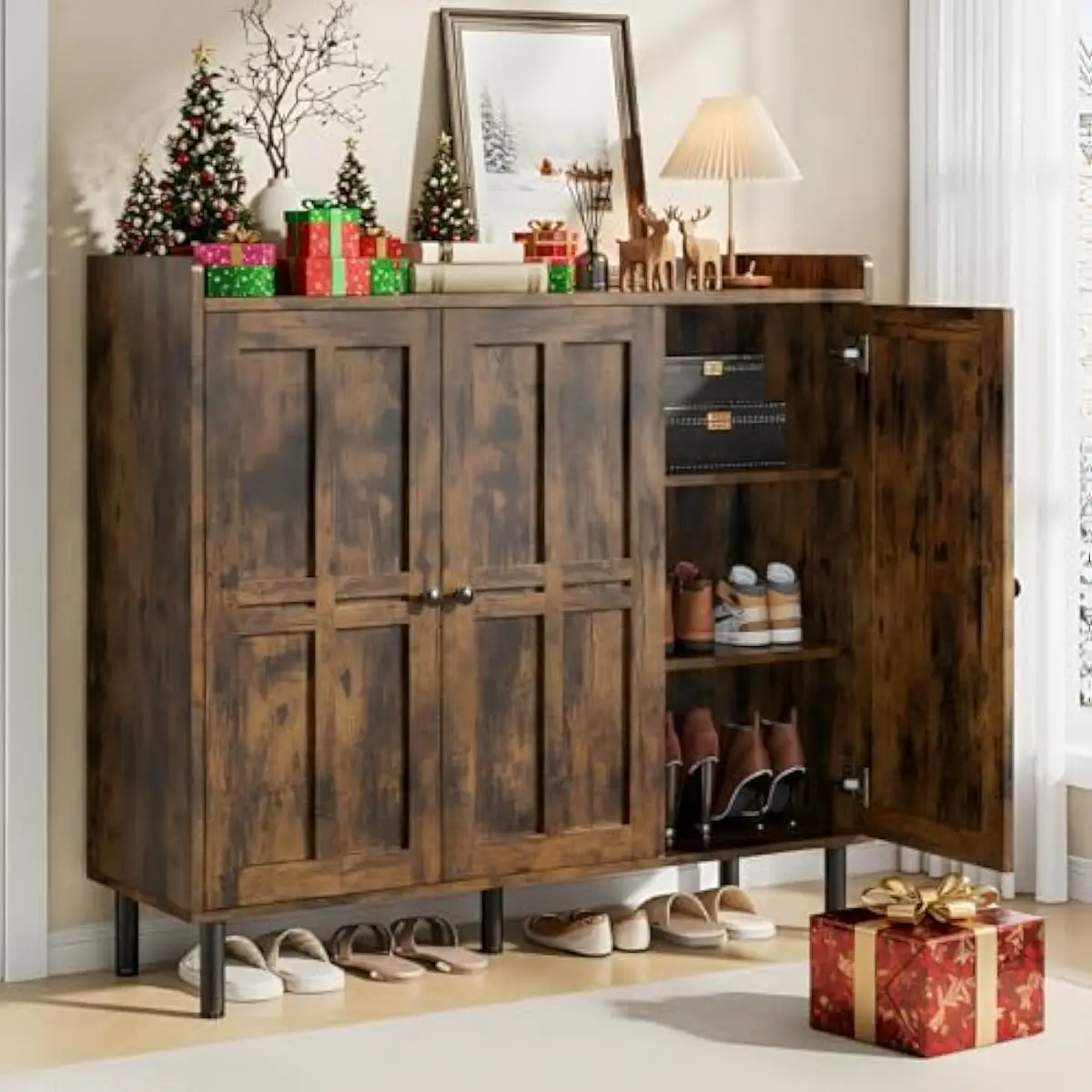 Rustic Brown Shoe Storage Cabinet Featuring Three Hinged Doors Adjustable Interior Shelves Spacious Top Surface For Keys Wallets