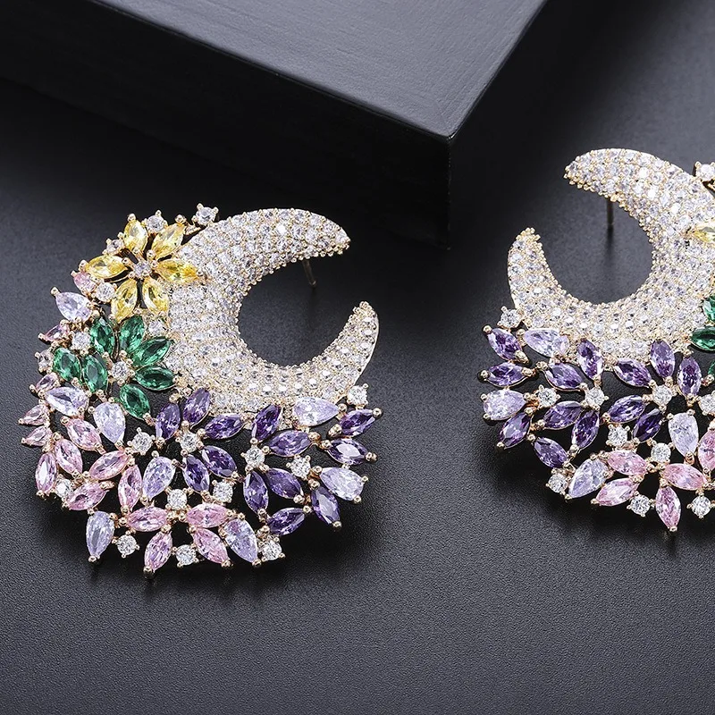 Fashion Multicolor Cubic Zirconia Flowers Design Stud Earrings For Women Jewelry Wedding Brincos Boucle D'oreille