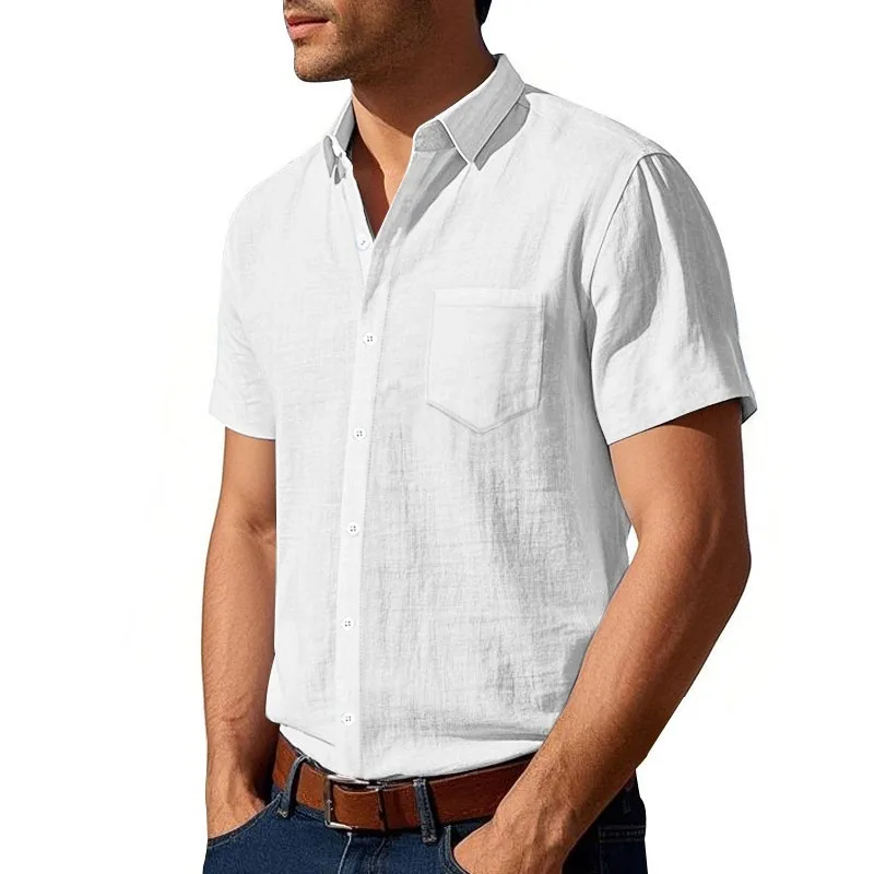 

Men's Linen Short Sleeve Button Down Shirt Casual Solid Color Pocket Design Breathable Lapel Collar Summer Tops