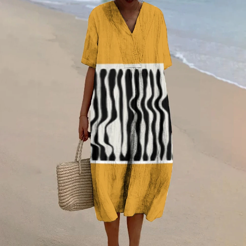 

Gold Splicing Striped Print Dress V-Neck High Waist Shirt Skirt Casual Straight Beach Wear Bohemian Dating Versatile Fashion New