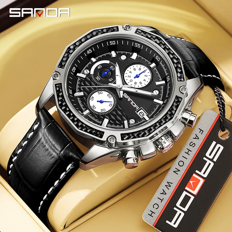 SANDA 5301 Business Men's Quartz Watch Three Eye Six Needle Chronograph Calendar Night Light Waterproof Men's Quartz Watch 2025