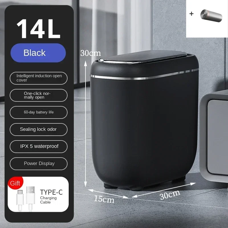 14L Smart Sensor trash can With Display Type-C Recharging Automatic Wastebin For Bathroom Kitchen Toilet Wastebasket Smart home