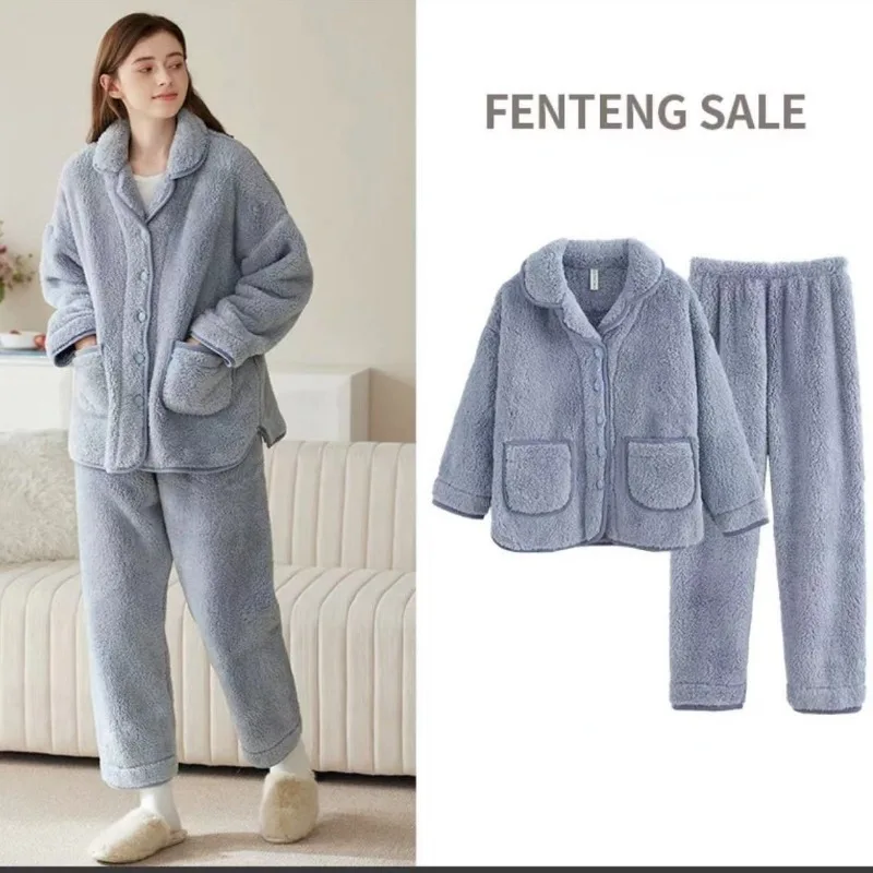 Pyjama Épais en Cachemire pour Femme, Vêtement de Nuit Chaud, Col en V, Collection Automne-Hiver, 2022