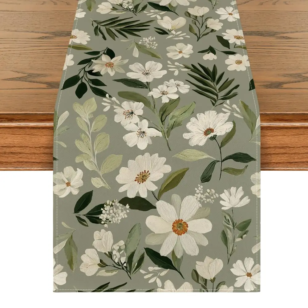 

Olive Green Daisy Flowers Spring Table Runner, Seasonal Summer Kitchen Dining Table Decoration for Home Party Decor