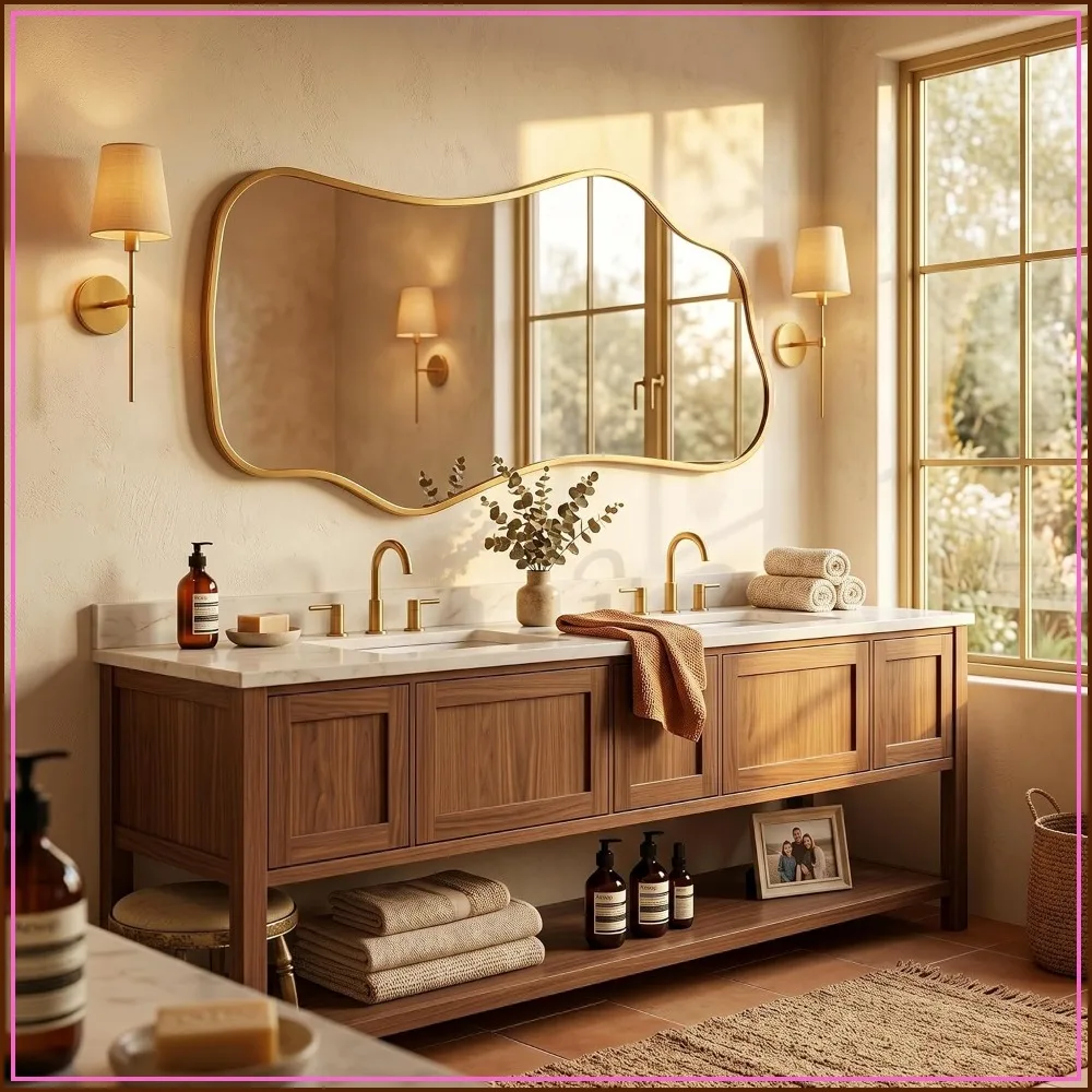 Bathroom Mirror Over Sink 47.2x21.6 Gold Wavy Aluminum Frame, Horizontal/Vertical Wall Hanging