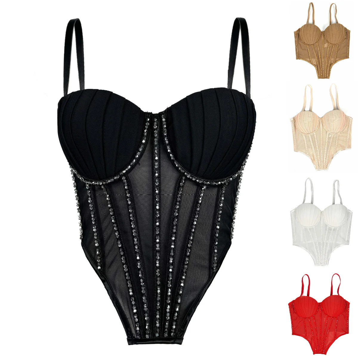 

Flashing Drill Fishbone Tops Push Up Bra Vest Sexy Women's Corset See Through Mesh Crop Top 2025 Summer Party Brasieres Camisole