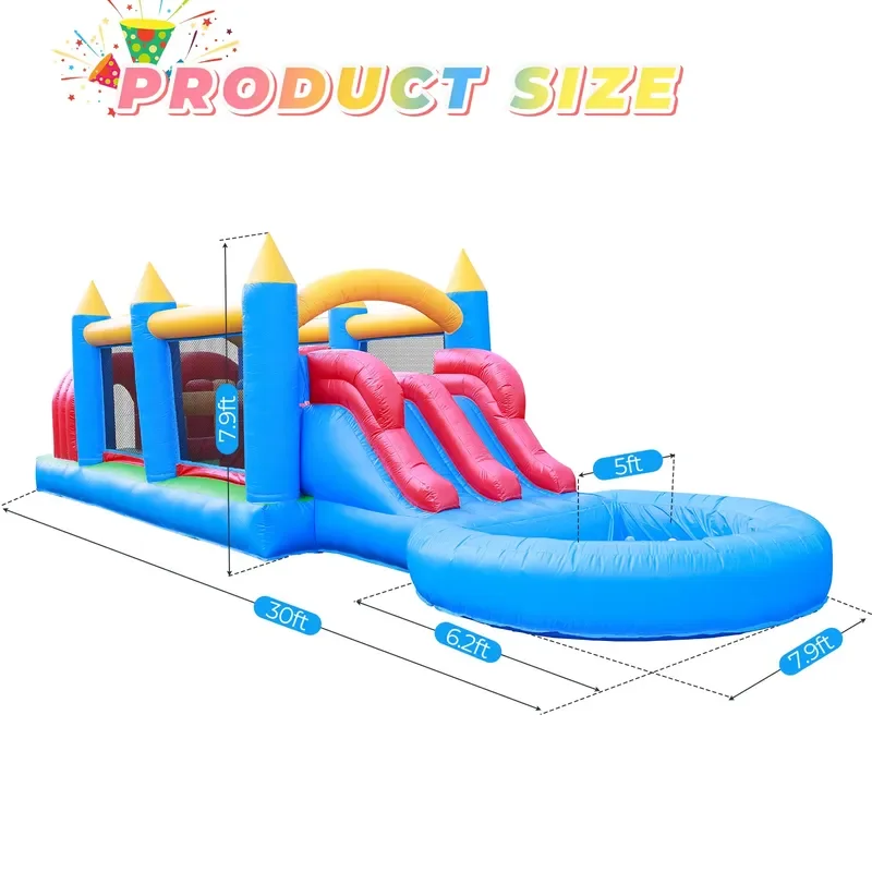 Commercial Grade Inflatable Bounce House Combo Obstacle Course Castle with Pool, Dual Slides,Tunnels,Climb,Obstacles,Bounce