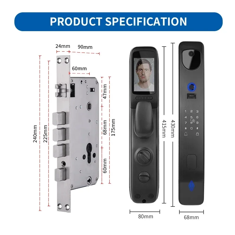 Biométrica fechadura da porta com câmera, função múltipla, impressão digital, ao ar livre, dupla face, inteligente Tuya, Material Superior