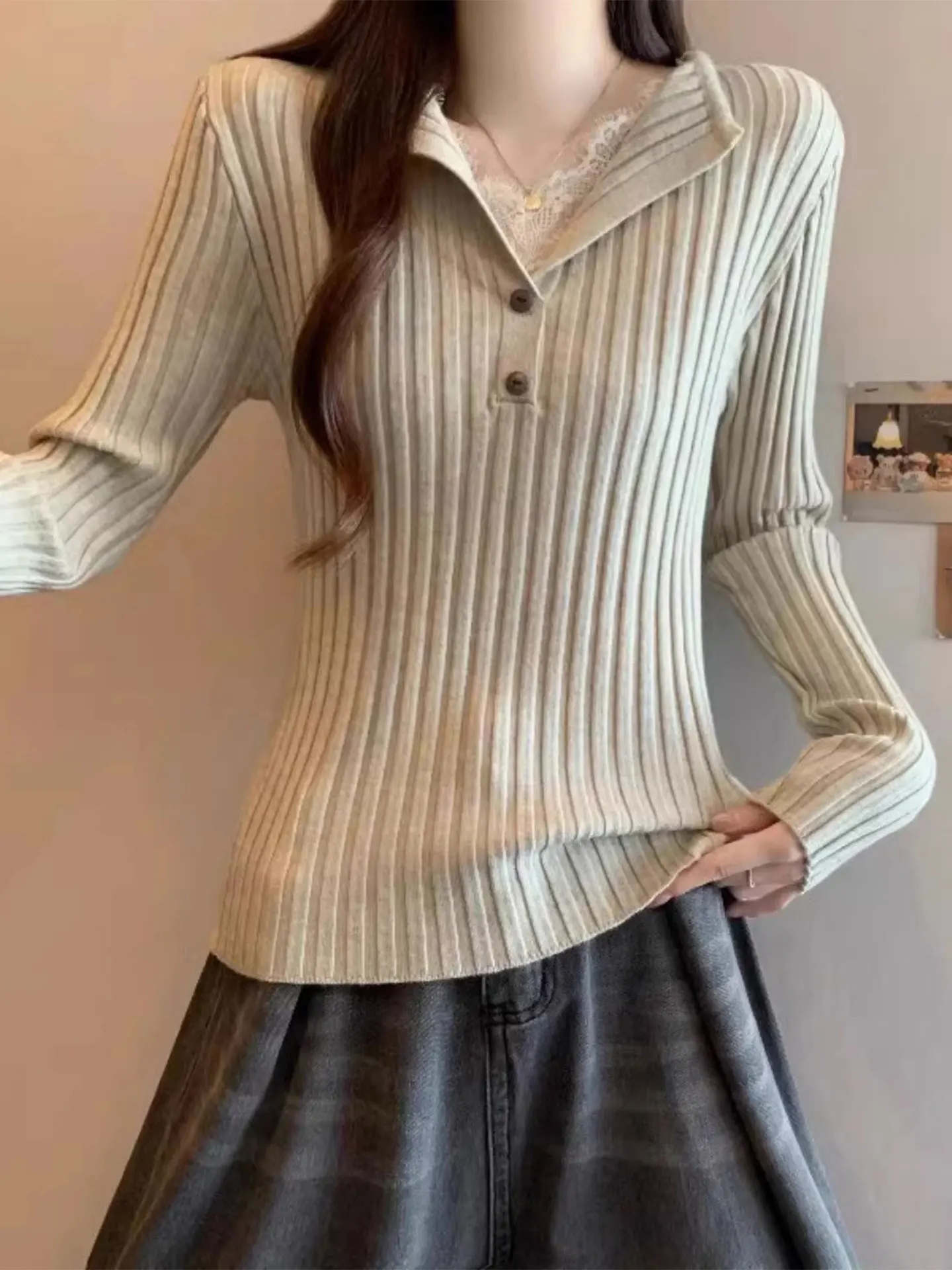 

Slim Fit Long Sve V-Ne Knitted Top Women Winter Base Layer irt Korean Sle Comfortable Soft Medium Weight Color