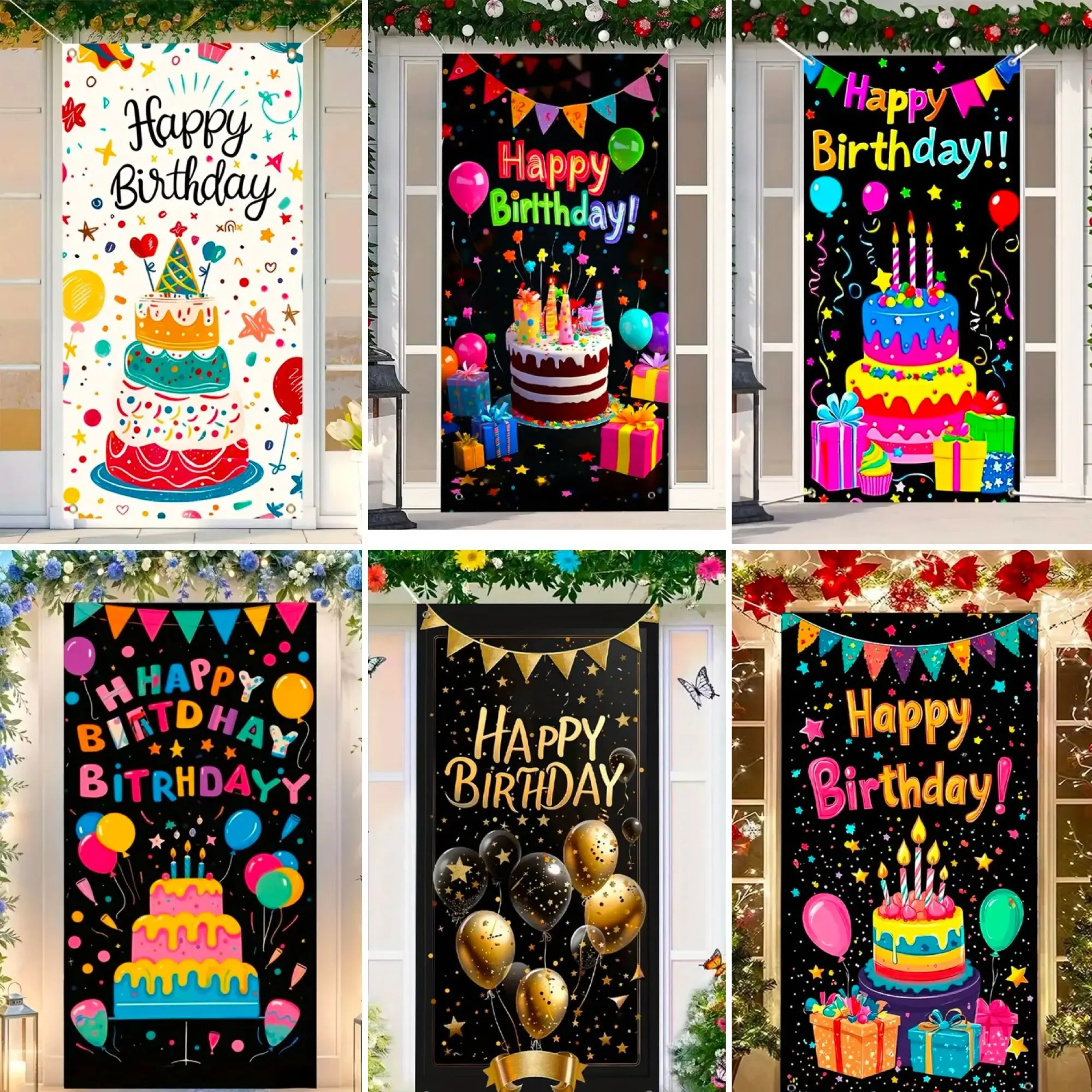 

Colorful cake happy birthday theme door flag background children's birthday party decor door curtain birthday gift porch decor