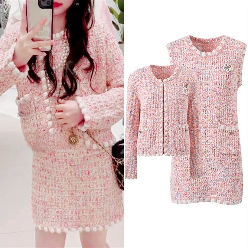 

Ele European Sle Sweet Floral Knitted Cardigan Top Svel ort Dr Skirt Set Spring Faion Women's Ensemble