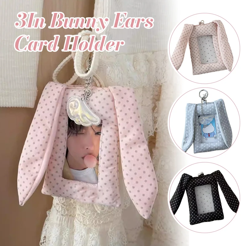 

Cute Y2K Polka Dot Rabbit Bunny Ears Card Holder 3-Inch Kpop Photocard Holder Id Badge Pendant Campus Meal Card Case Bag Korean