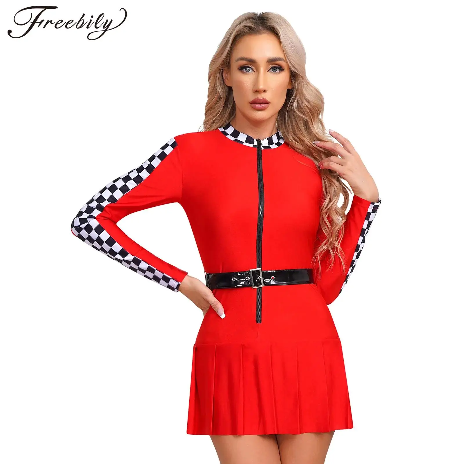 Women Halloween Racer Cosplay Costume Long Sleeve Zipper Pleated Racing Driver Checkerboard Dress with Belt for Theme Party