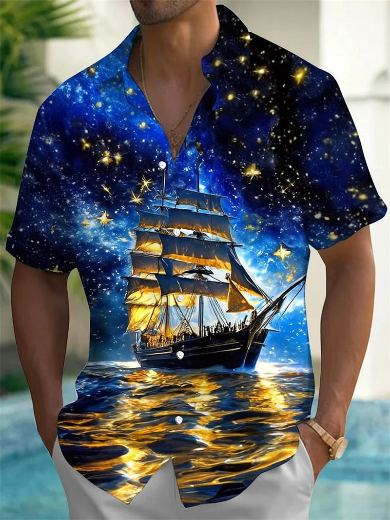 الرجعية خريطة الإبحار المراكب الشراعية وحش البحر طباعة الرجال قميص قصير الأكمام قصيرة الأكمام قميص مطبوع 2025 قميص فضفاض غير رسمي