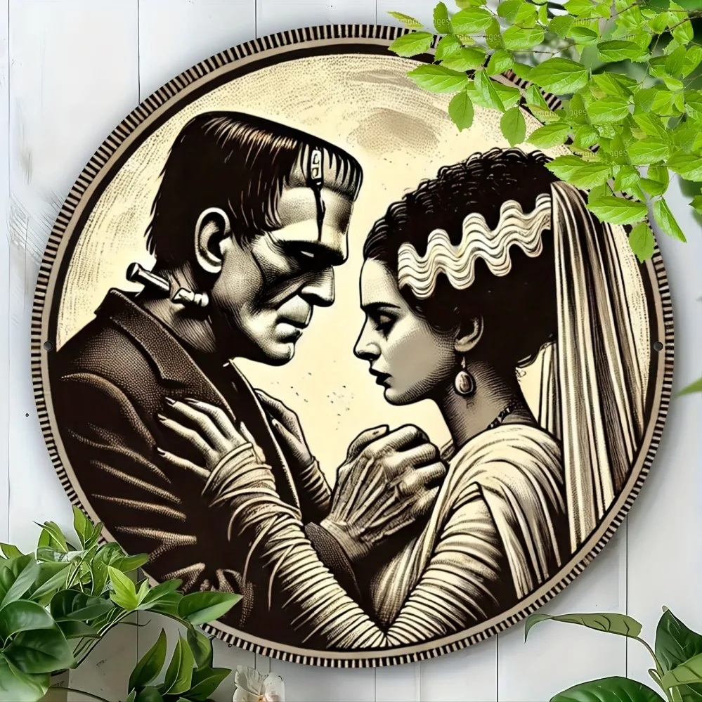 فن حائط من الألومنيوم للهالوين من Frankenstein & His Bride - ديكور مثالي للمنازل والمكاتب والحانات والمقاهي #1
