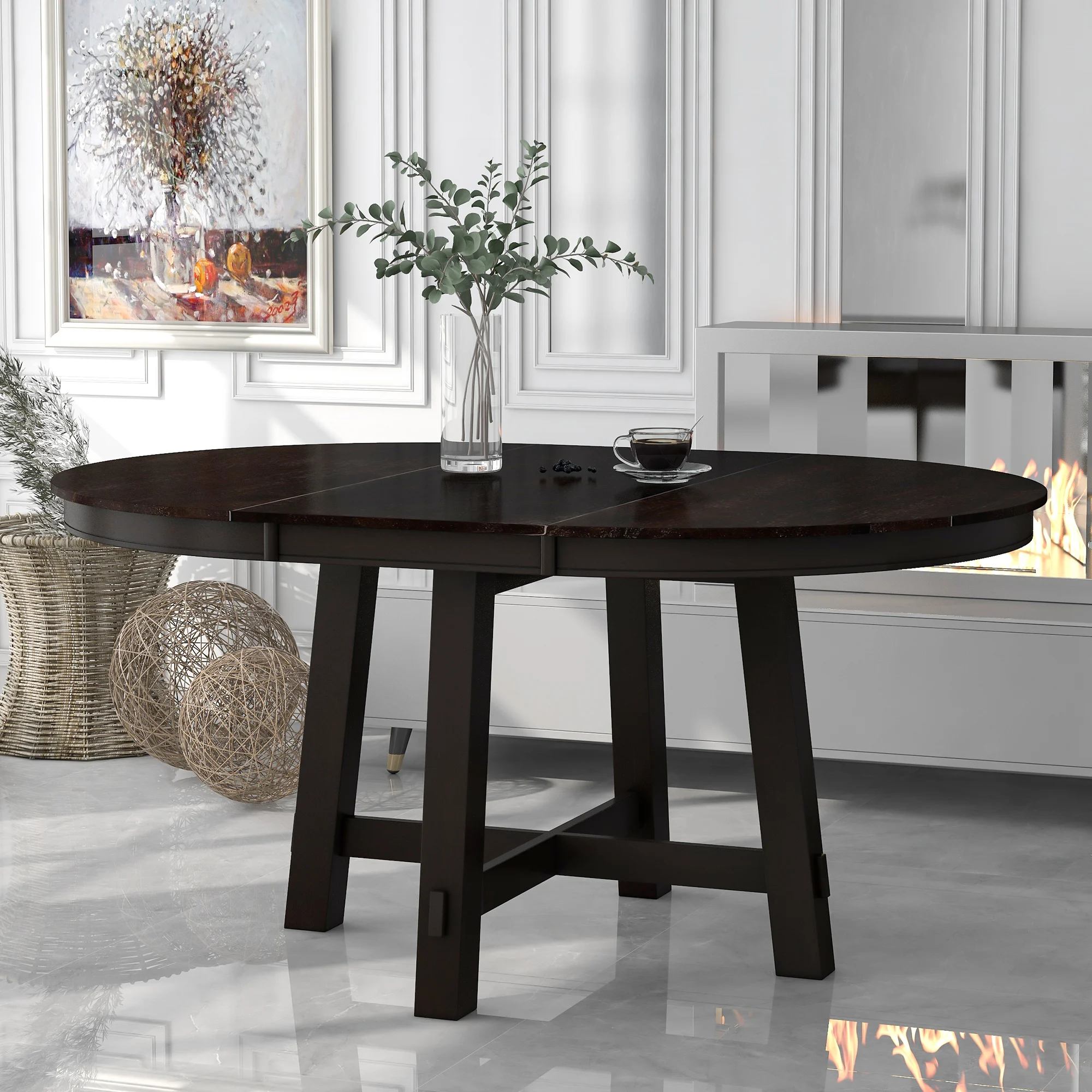 Farmhouse Round Extendable Dining Table with 16 Leaf Wood Kitchen Table (Espresso)
