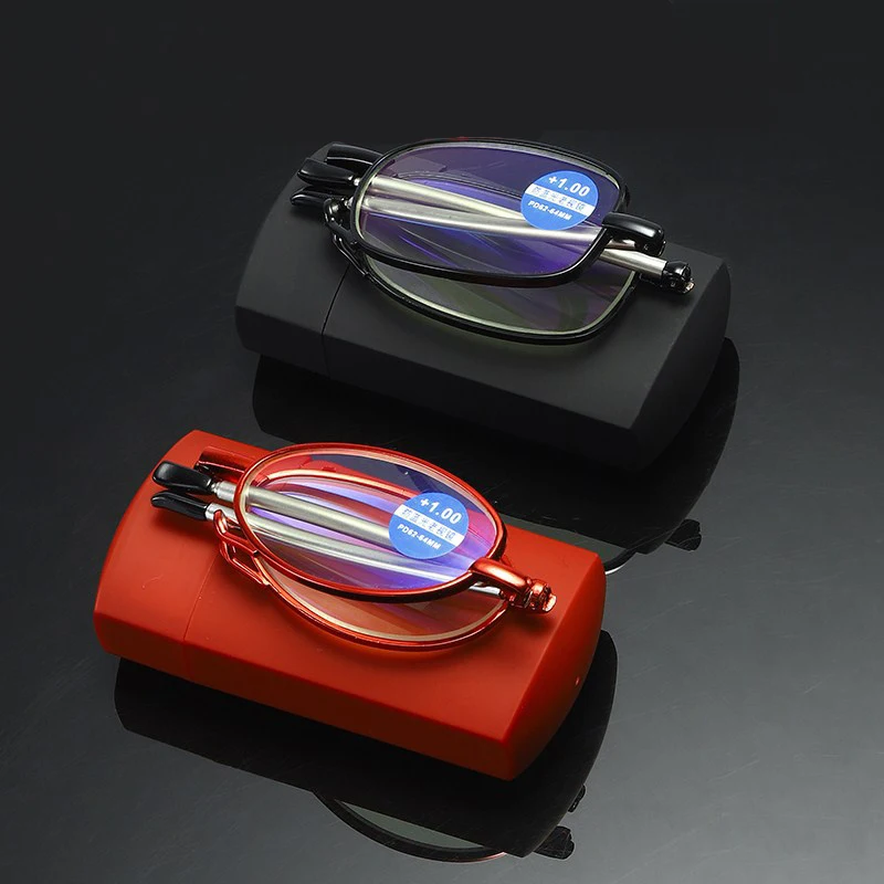 

Anti Blue Light Blocking Reading Glasses Men Women Portable Folding Presbyopia Glasses Eyewear Metal Frame Spectacles with Case
