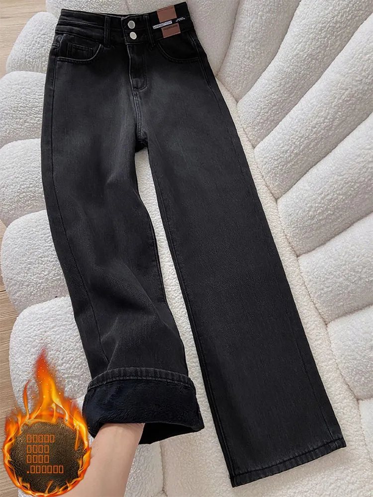 

Джинсы прямого кроя Bla Fce с подкладкой, женские, осенне-зимние, больших размеров, облегающие, широкие брюки, повседневные, с высокой талией, деним