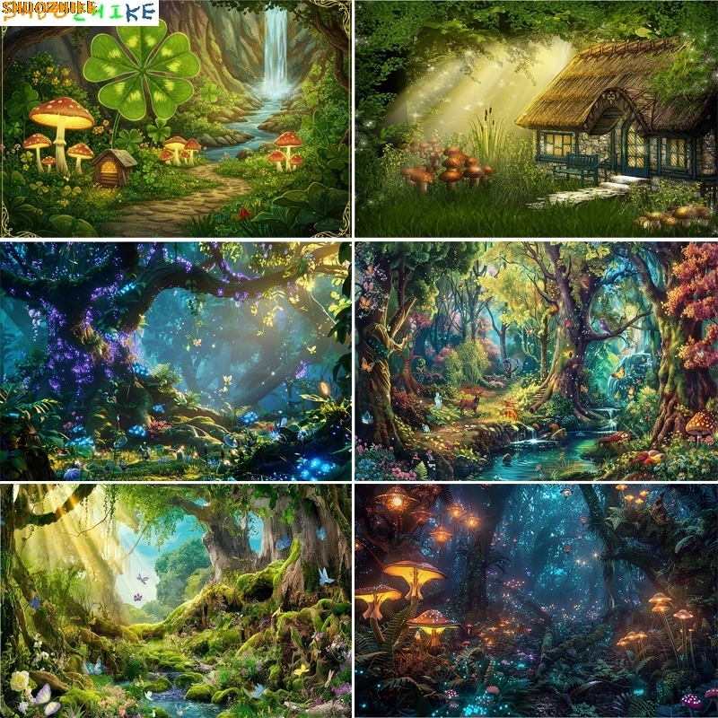 

Fairy Tale Magical Forest Photography Backdrops Mushrooms Sunlight Gingerbread House Life Tree in Wonderland Background MF-01