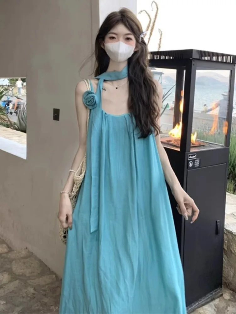 

Bohemian Style Vacation Travel Dress Women Summer 2025 New Lazy Loose Waist Design Slimming Long Skirt Sweet U-Neck A-Line Dress