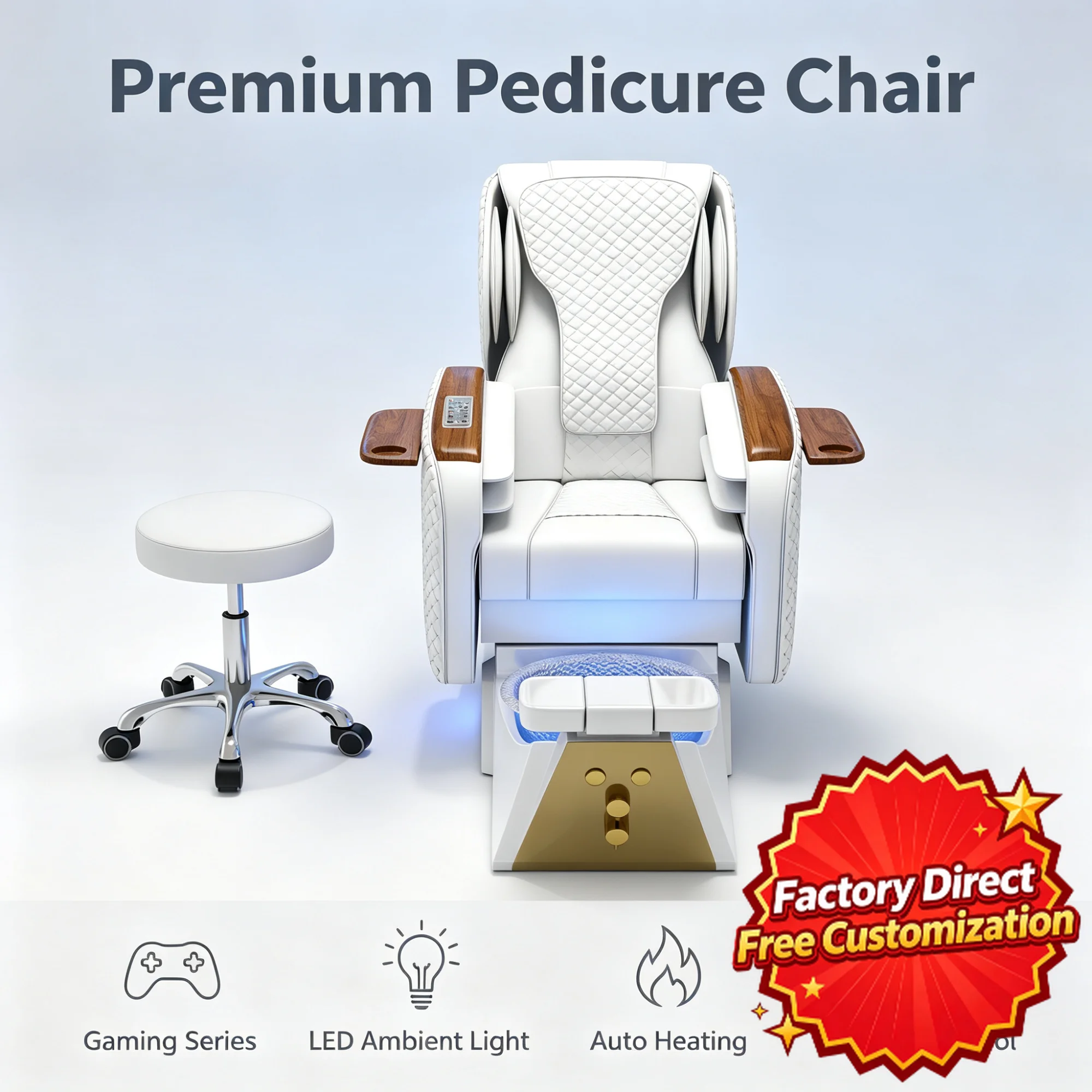 Premium Professional Electric Reclining Pedicure Spa Chair Hydromassage Foot Bath with LED Light & Stool for Nail Salon