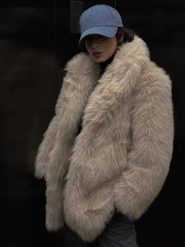 HH 2024 Winter Female Street Fashion Fur Coats Long Sleeves Lapel Solid Color With Pockets Causal Warm Fur Windbreaker