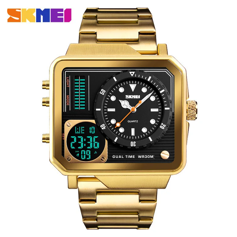 Dual Display Electronic Watch, Steel Strap, Casual, Quadrado, Ouro, Frete Grátis, Marca Oficial, Moda