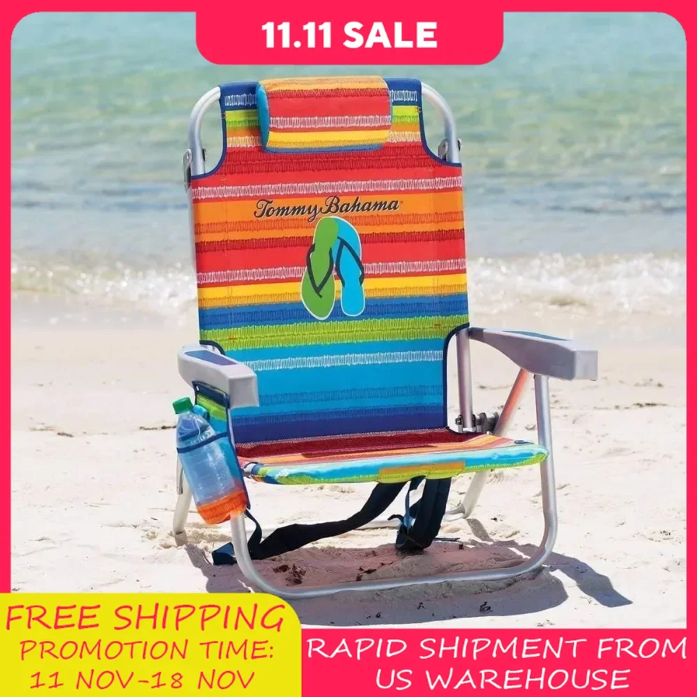 Beach Chair ,with Storage Pouch and Towel Bar- Red/Blue 5 Positions Padded Backpack Straps Adjustable Pillow,free Shipping