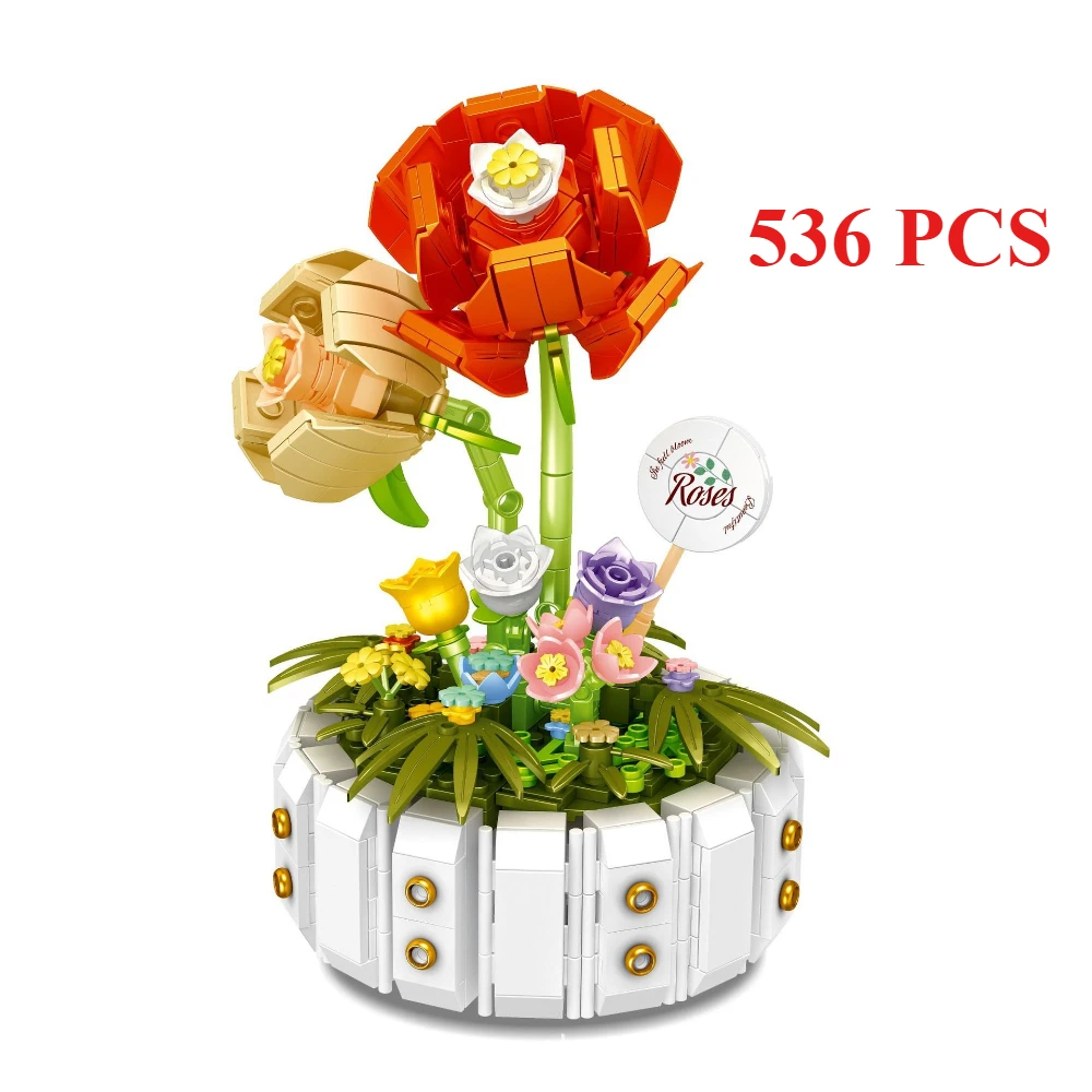 MOC Kleine Ingemaakte Eeuwige Bloem Plant Rose Boeket Bouwstenen Set Huis Thuis Kamer Decor DIY Speelgoed Voor Kinderen Verjaardagscadeau