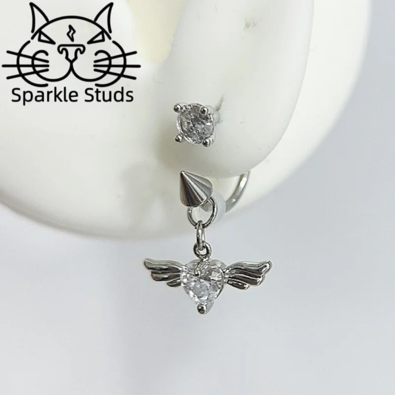 Sparkle Studs Stainless Steel Diamond Angel Wings Heart Earring. Simple and Versatile Two Sizes for Women 1pc