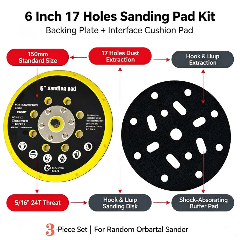 6 Inch 17 Holes Sanding Backing Plate Kit 3PCS Cushion Interface Pad Sponge Buffer Pads for Orbital Sander Paint Wood Polishing