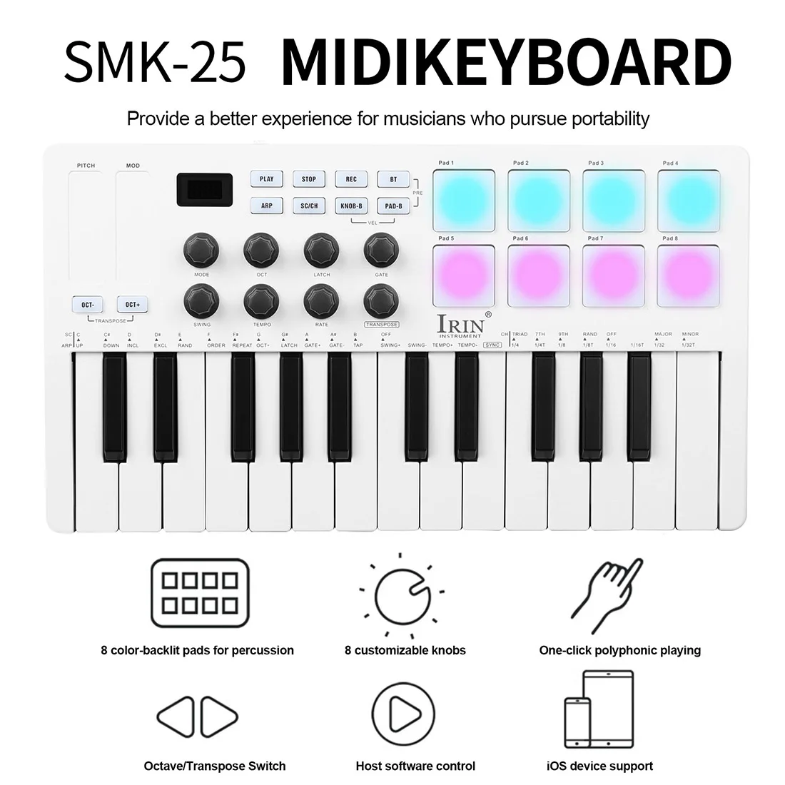 IRIN SMK-25 MIDI Pad Controller Keyboard USB Mini 25 Key 8 RGB Drum Pads 8 المقابض وإنتاج الموسيقى SMK-25 البرنامج متضمن