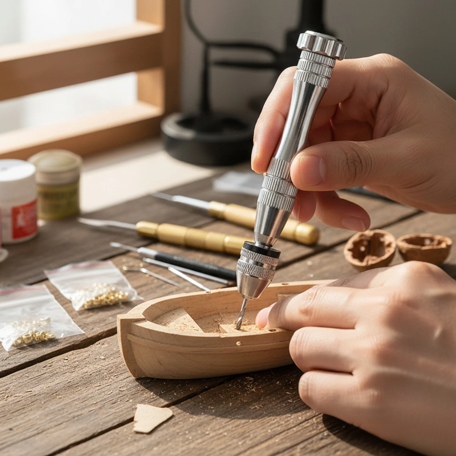 

Mini Four-Head Hand Drill Fine Drilling with Durable Metal Manual hole puncher Making Tool Build for Model and Walnut Crafting