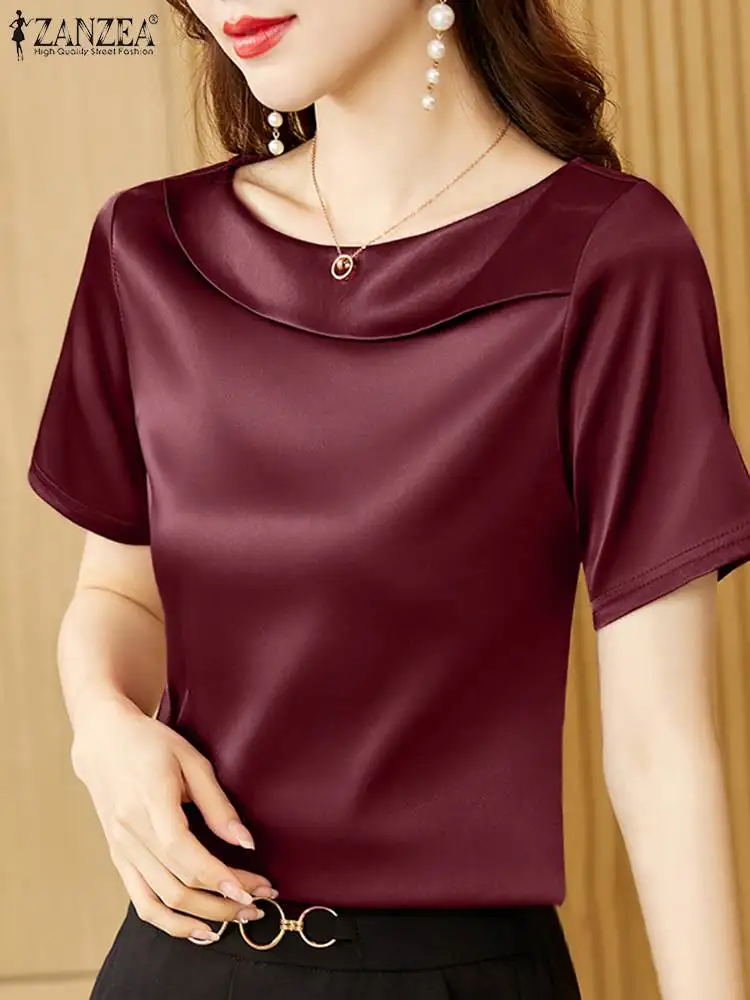 

ZANZEA Office Satin Blouse Summer Elegant Short Sleeve Solid Tunic Tops Women Fashion OL Work Shirt Casual Loose Blusas Chemise