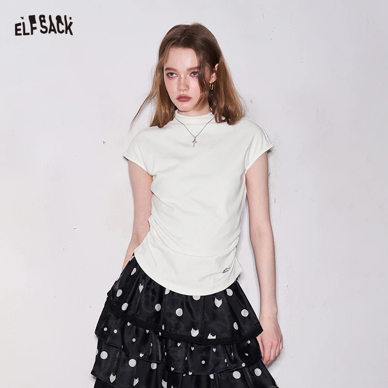

ELFSACK White Mock Neck Ruched Cap Sleeve T-Shirt, Rhinestone Embellished Slim Fit Top, Minimalist Casual Tee for Women