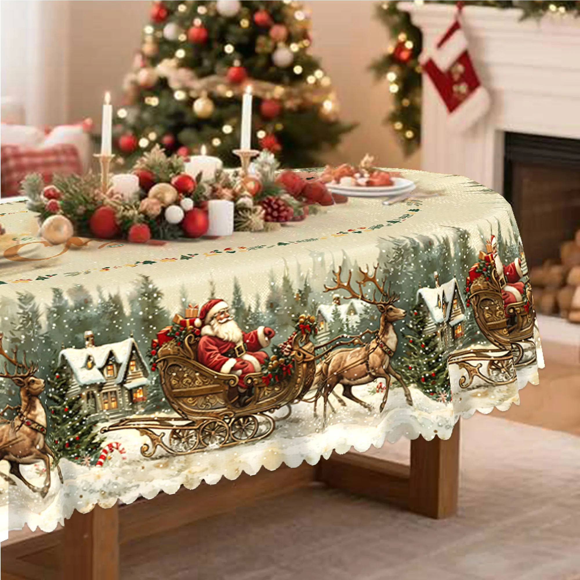 Christmas Happy Tablecloth, Retro Santa Reindeer Christmas Tree Snowhouse Gift Designzyc