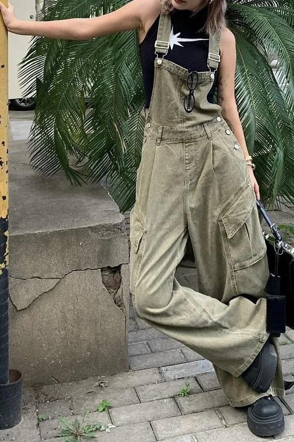 

American Retro Workwear Style Women's Denim Overalls Loose Wide Leg Straight Cut Street Fashion New 2026 High Waist Zipper