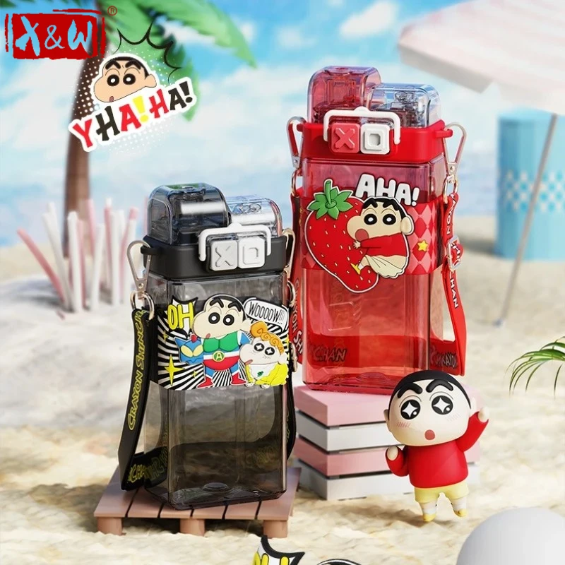 X&W 520ML Crayon Shin-chan Wasserflasche für Schüler, Doppelstrohhalm-Becher mit Trageschlaufe, tragbare Trinkflasche