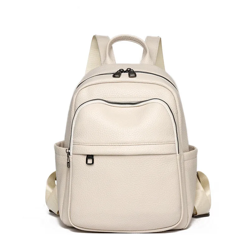 Casual Lady Fashion Backpack Double Pocket PU Leather Small Bag Solid Color Vintage Drawstring Flap Pocket Female Backpacks