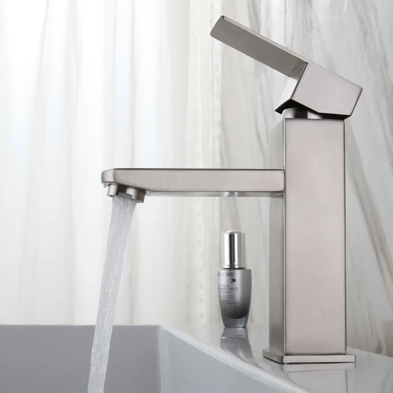 

304 stainless steel basin faucet, hot and cold brushed square single hole washbasin mixing faucet