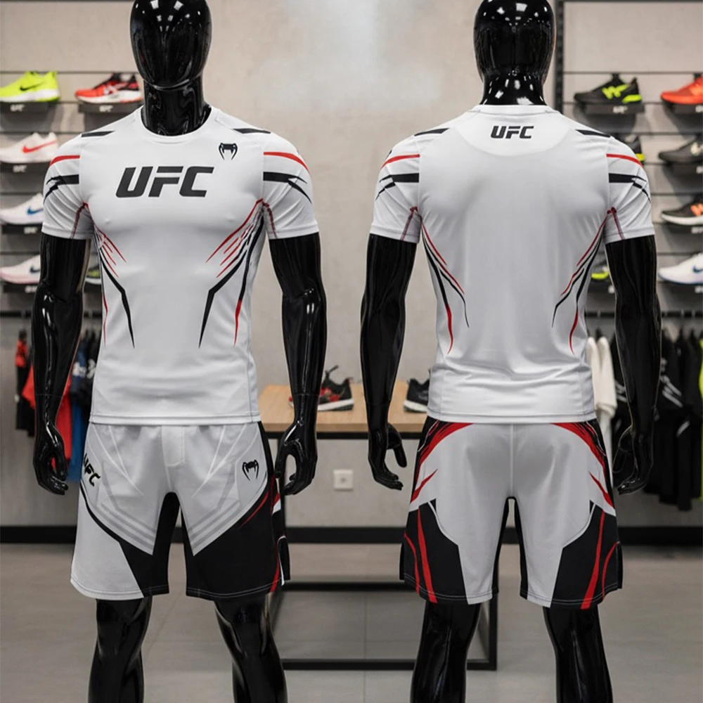 

2026 New Hot White UFC Fighting Night Boxing Set Men Women MMA Oversized Breathable Speed Drying Training Jujutsu Sports Set
