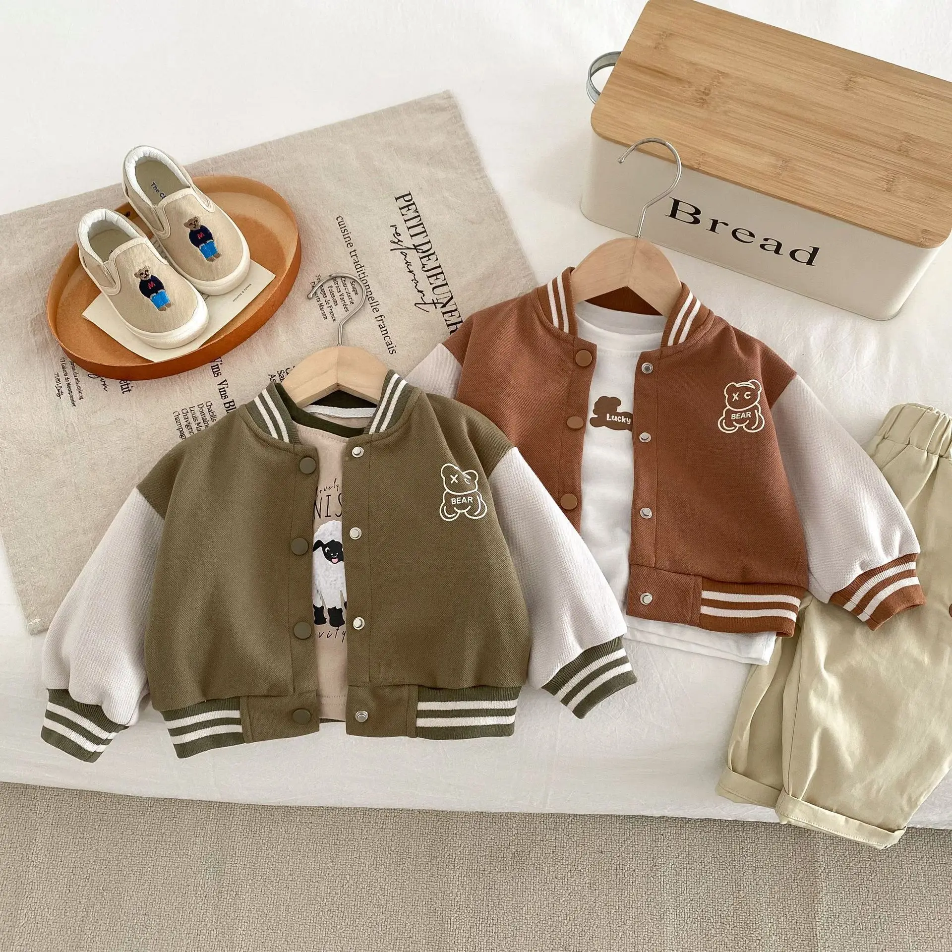 2024 Spring Autumn Kids Baby Boys Fashionable Baseball Jersey - Children Full Sleeve Patchwork Cartoon Bear Print Top Coat 3M-5Y