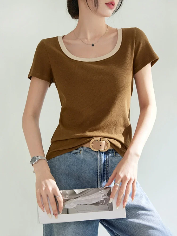 

Square Collar Contrast Short-sleeved Tops T-shirt Women Clothing 2025 Summer New Casual Pullover Slim Top