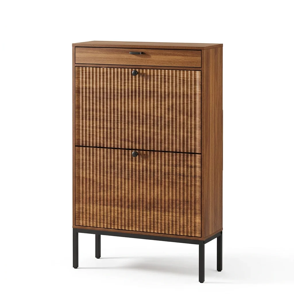 xx-Modern  Narrow Wood Shoe Cabinet 2 Flip Drawers Fluted Wood Shoe Cabinet Hollow Bottom Storage Iron Legs Wood Shoe Rack*